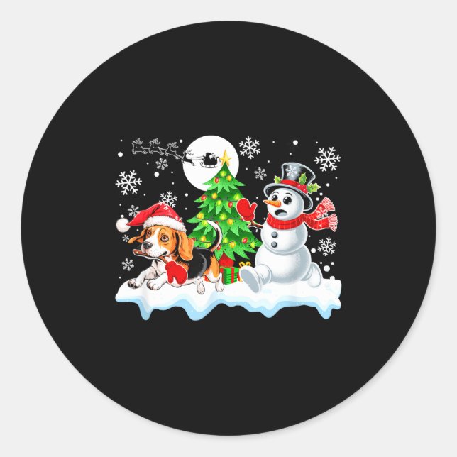 Sticker Rond Santa Beagle Snowman Running Friends Christmas Own (Devant)