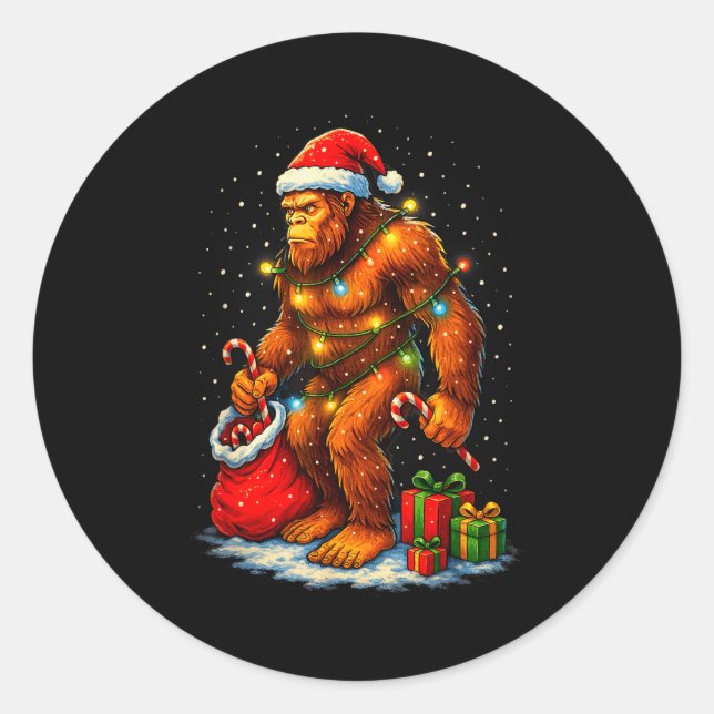 Sticker Rond Santa Bigfoot Christmas Lights Funny Sasquatch  (Devant)