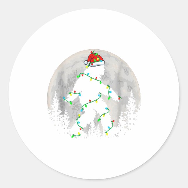 Sticker Rond Santa Bigfoot Christmas Tree Xmas Lights Funny Sas (Devant)