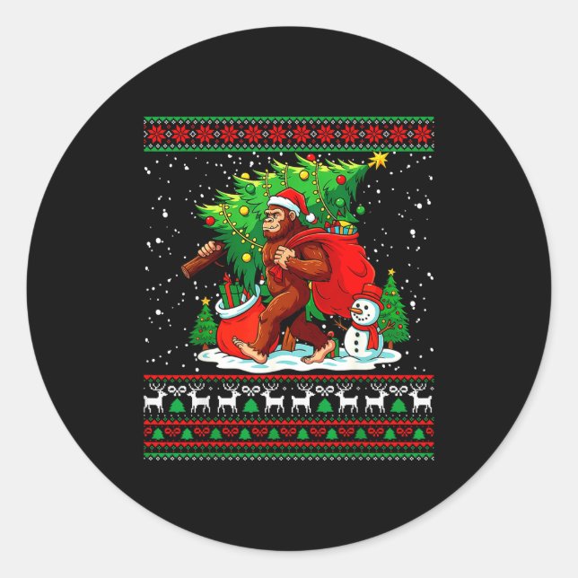 Sticker Rond Santa Bigfoot Christmas Tree Xmas Lights Funny Sas (Devant)