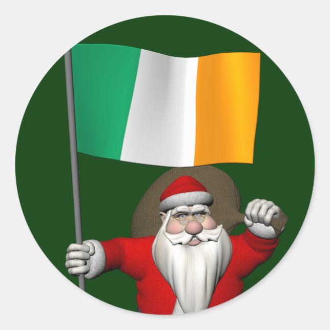 Sticker Rond Santa Claus Avec L'Ensigne D'Irlande (Devant)