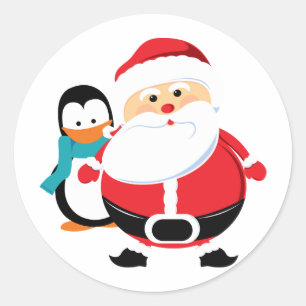 Sticker Rond Santa Claus Et Pingouin