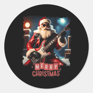 Sticker Rond Santa Claus Rock Guitare Joyeux Noël
