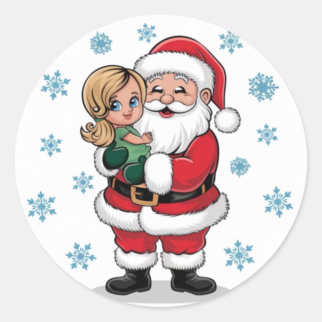 Sticker Rond Santa Clause accrocher une fille avec des flocons  (Devant)