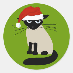 Sticker Rond Santa Clause Siamese - Drôle Chat de Noël