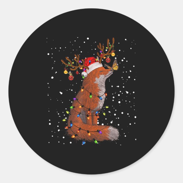 Sticker Rond Santa Fox Tangled Up In Christmas Tree Lights Foxe (Devant)