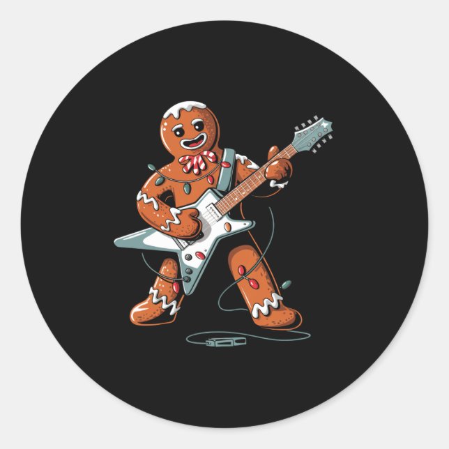 Sticker Rond Santa Gingerbread Playing Guitar Funny Christmas P (Devant)