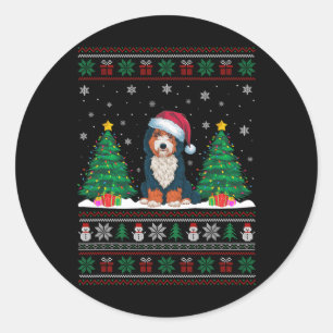 Sticker Rond Santa Hat Bernedoodle Chien Noël Lumières Arbre de