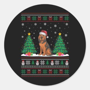 Sticker Rond Santa Hat Bloodhound Chien Christmas Tree Lumières
