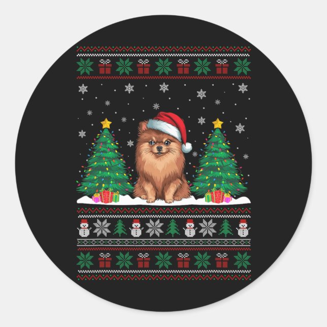 Sticker Rond Santa Hat Chien Poméranien Feu d'Arbre de Noël (Devant)