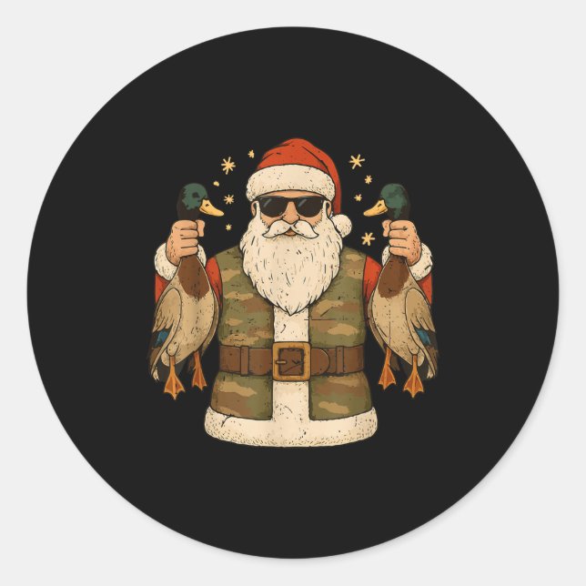 Sticker Rond Santa Hold Mallard Duck Hunting Christmas Pajama T (Devant)