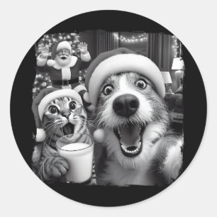 Sticker Rond Santa Noël Drôle Chat Prendre Selfie Raton laveur