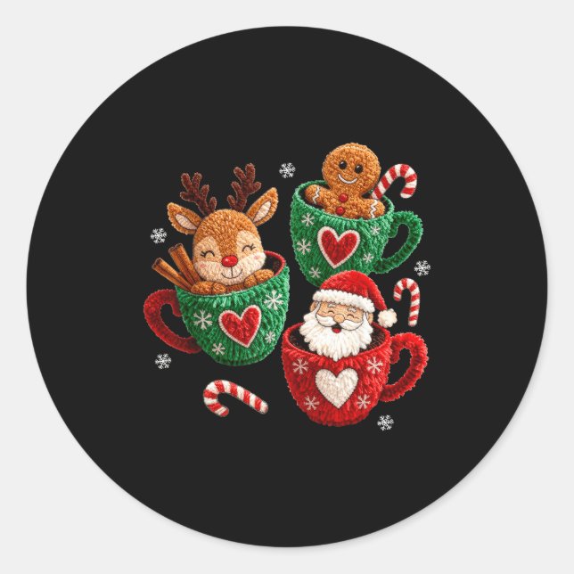 Sticker Rond Santa Reindeer Gingerbread Faux Yarn Christmas  (Devant)