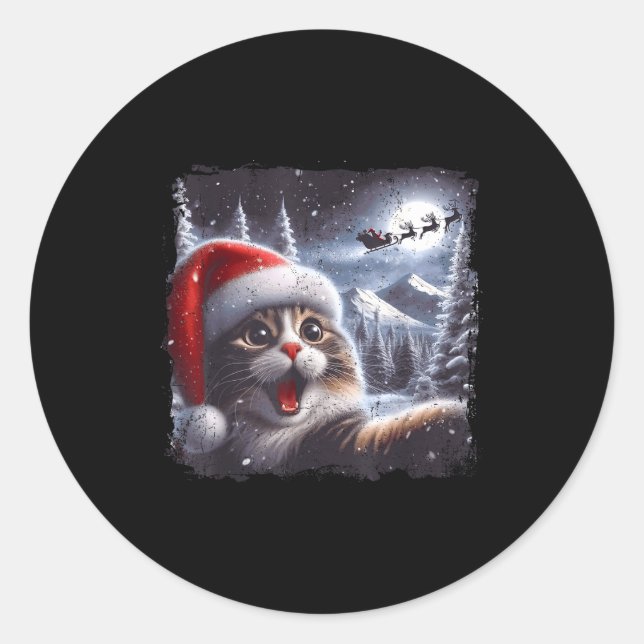 Sticker Rond Santa Reindeer Selfie Cat Funny Christmas Tee  (Devant)