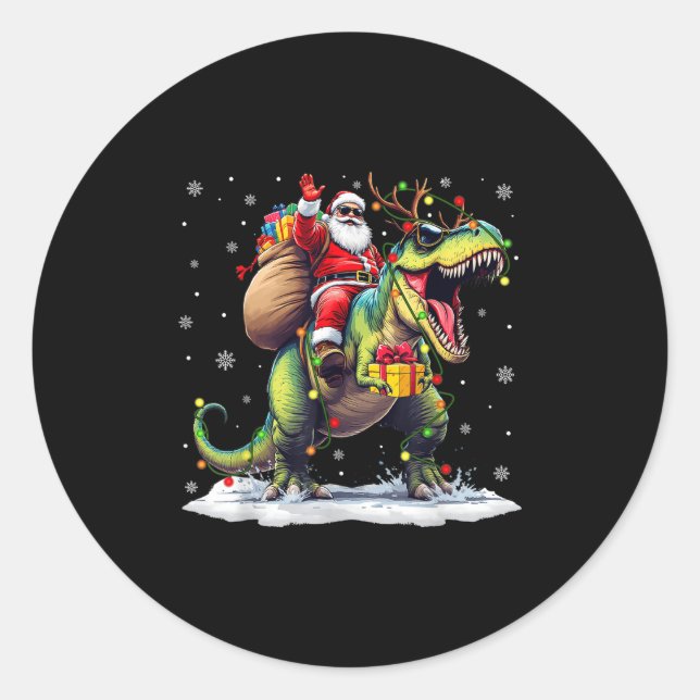 Sticker Rond Santa Riding Dinosaur T Rex Christmas Boys Men Xma (Devant)