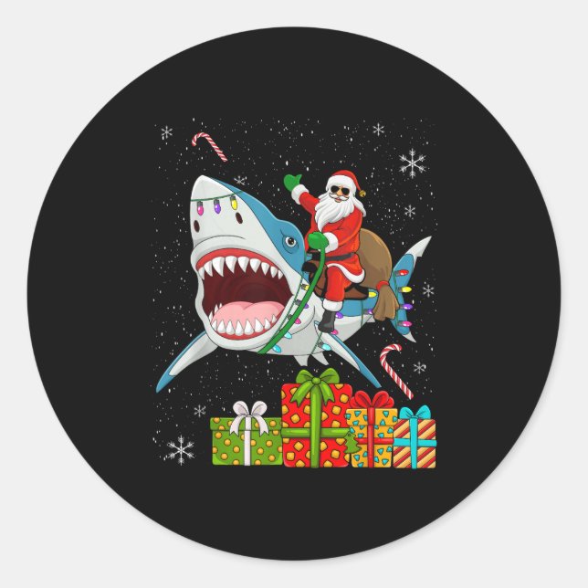 Sticker Rond Santa Riding Shark Christmas Pajama Cute Ocean Ani (Devant)