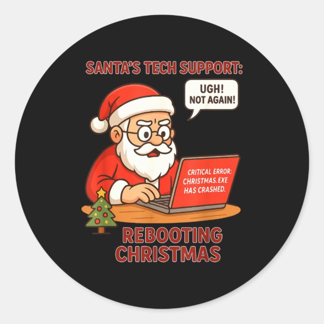 Sticker Rond Santa Support s Rebooting Humor Tech Computer (Devant)