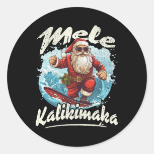 Sticker Rond Santa surfant Mele Kalikimaka Aloha Hawaï Noël