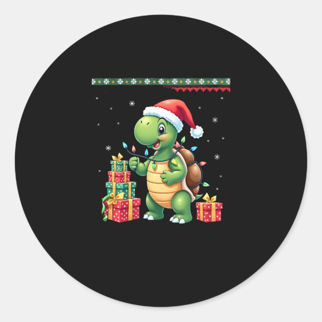 Sticker Rond Santa Turtle Christmas Ugly Sweater Funny Holiday  (Devant)