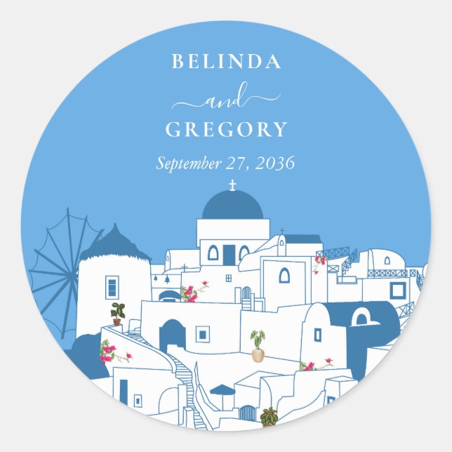 Sticker Rond Santorin Destination Mariage de l'île grecque (Devant)