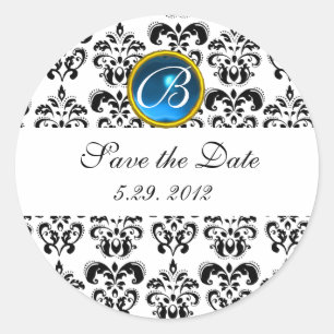 Sticker Rond Saphir bleu NOIR ET BLANC DAMASK MONOGRAM