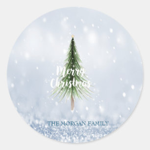 Sticker Rond Sapin de Noël Joyeux Noël Bleu Fêtes