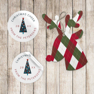 Sticker Rond sapin de Noël nom de famille moderne rouge et mari
