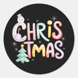 Sticker Rond Sapin de Noël Préparé Bonhomme de Neige Paillettes
