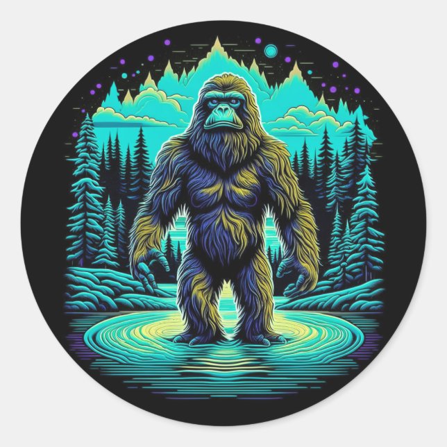 Sticker Rond Sasquatch in the Woods Ai Art (Devant)