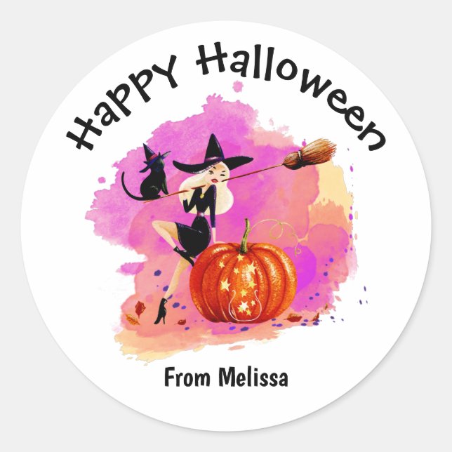 Sticker Rond Sassy Halloween sorcière avec chat (Devant)
