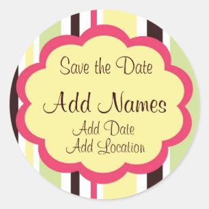 Sticker Rond Sassy Stripe Mariage rose "Enregistrer la date" St