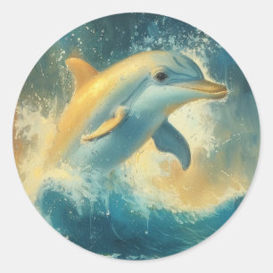 Sticker Rond Sauts de dauphin bleu dans les vagues