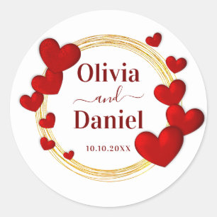 Sticker Rond Sauvegarder la Date, Cœurs Rouges de Mariage Perso