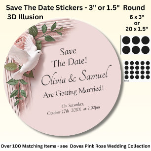 Sticker Rond Sauvegarder la date - Roses roses et colombes Mari