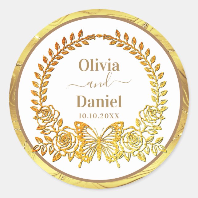 Sticker Rond Sauver la Date, Papillon Doré et Fleur (Devant)