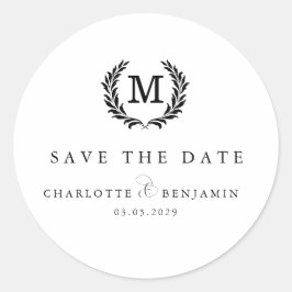 Sticker Rond Sauvez la date ! Monogramme Elegant Crest Blanc
