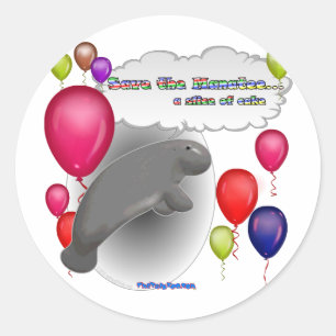 Sticker Rond Sauvez le lamantin. une tranche de gâteau