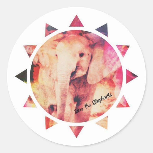 Sticker Rond Sauvez les éléphants, bébé éléphant soleil (Devant)