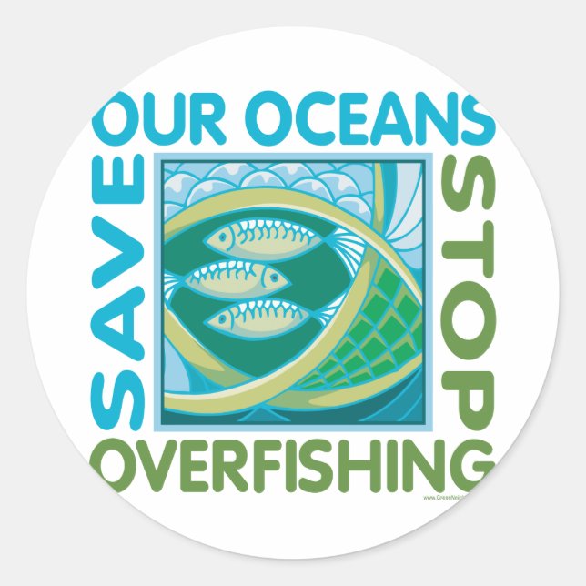 Sticker Rond Sauvez nos océans - Arrêtez la surpêche (Devant)