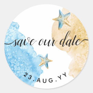 Sticker Rond Sauvez notre date Watercolor Coastal Beach Wedding