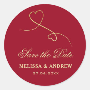 Sticker Rond Save the date Gold Hearts Bourgogne Mariage rose