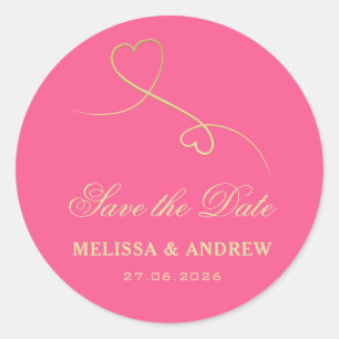 Sticker Rond Save the date Gold Hearts Fuchsia Mariage rose