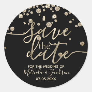 Sticker Rond Save the date Noir avec diamants d'or