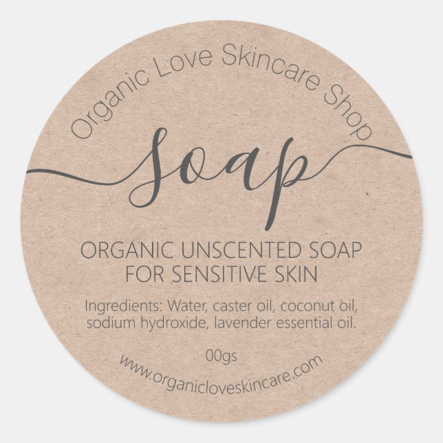 Sticker Rond Savon biologique artisanal Kraft simple (Devant)