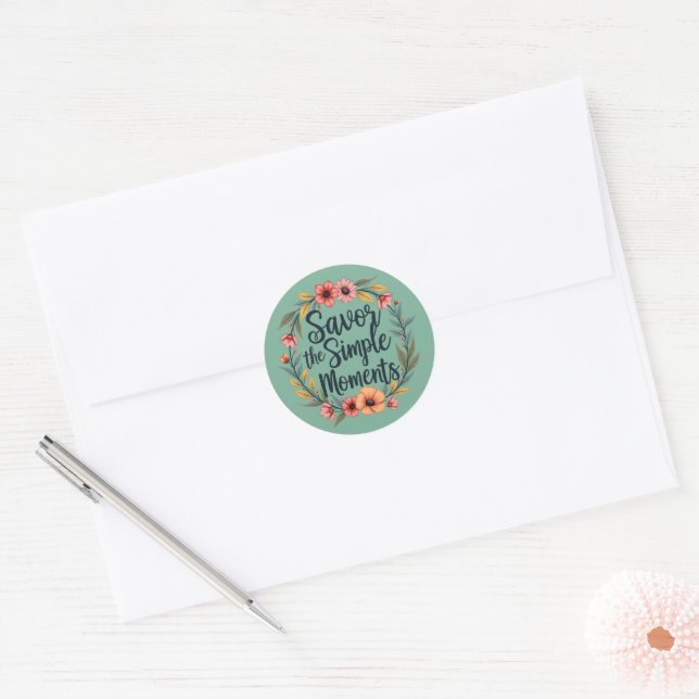Sticker Rond Savourez les moments simples Citation florale Boho (Enveloppe)