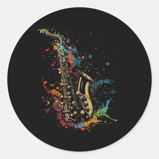 Sticker Rond Saxophone Splash Art Musicien Vent Musique Jazz Sa (Devant)