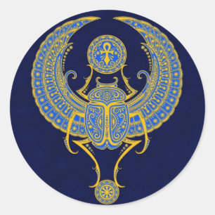 Sticker Rond Scarab à ailes égyptiennes, bleu