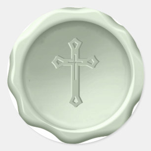 Sticker Rond Sceau de cire de croisement vert Embossé religieux