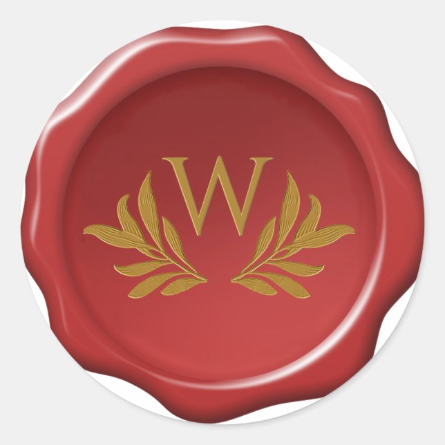 Sticker Rond Sceau de cire rouge Monogramme jaune et feuillage  (Devant)