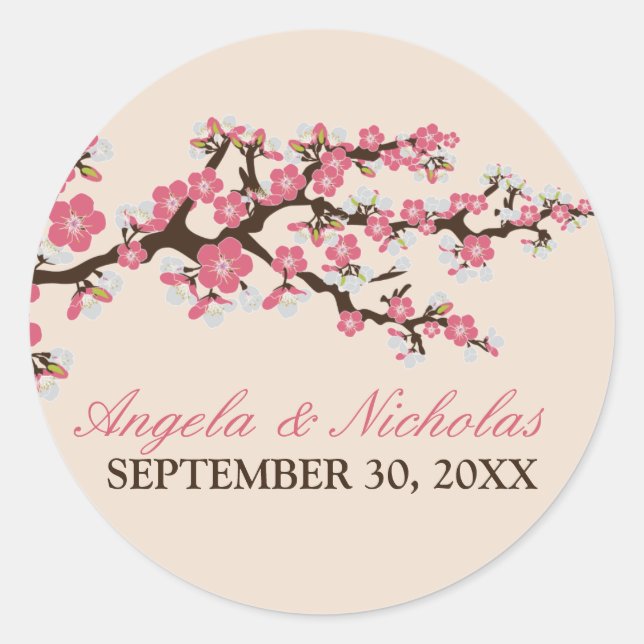 Sticker Rond Sceau de Faire-part de mariage en fleur de cerisie (Devant)